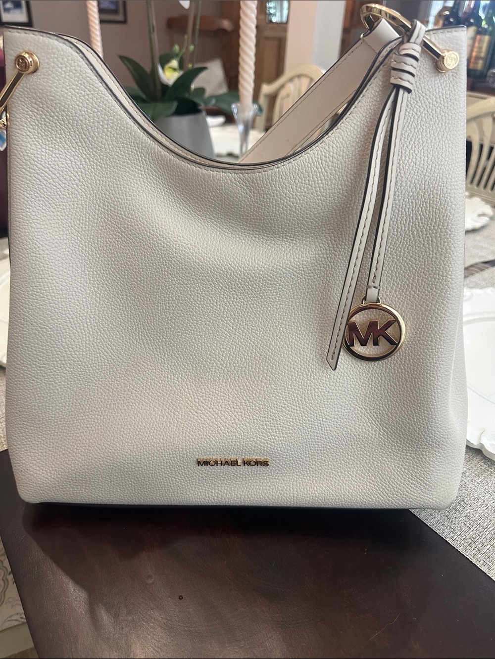 Michael Kors Cream Pebbled Leather Shoulder Hobo with Gold MK Charm